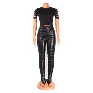 Black Slim  Pleated Pu Leather Slit Pants